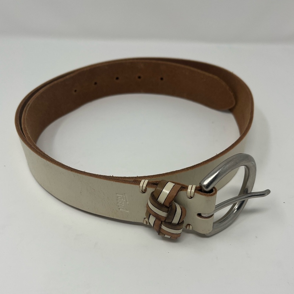 FOSSIL Womens Genuine Leather Belt Antique White Size Large Silver Hardware